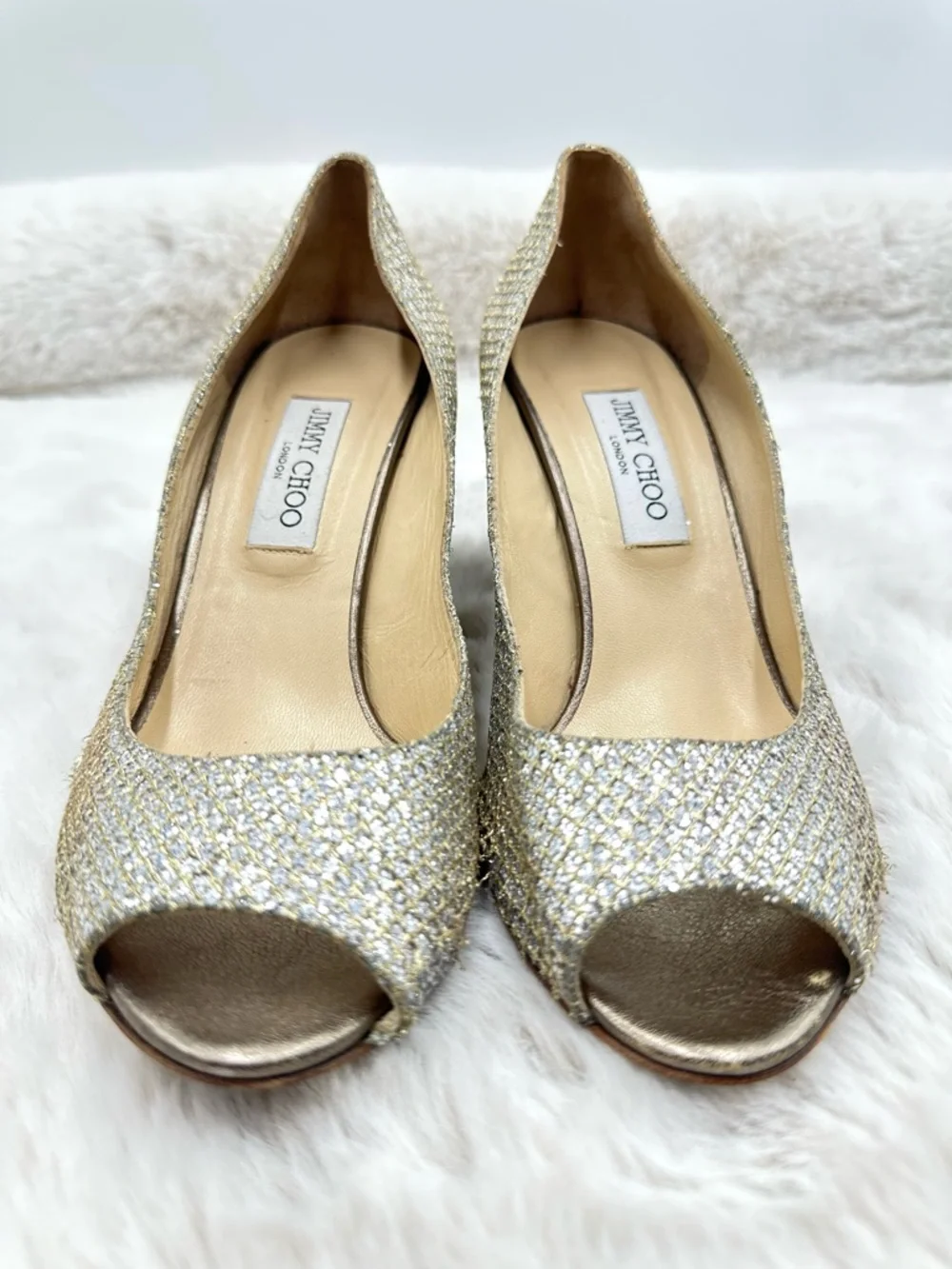 Jimmy Choo Isabel Champagne Glitter Peep Toe Pumps 40.5 US 10.5 Gold Heels